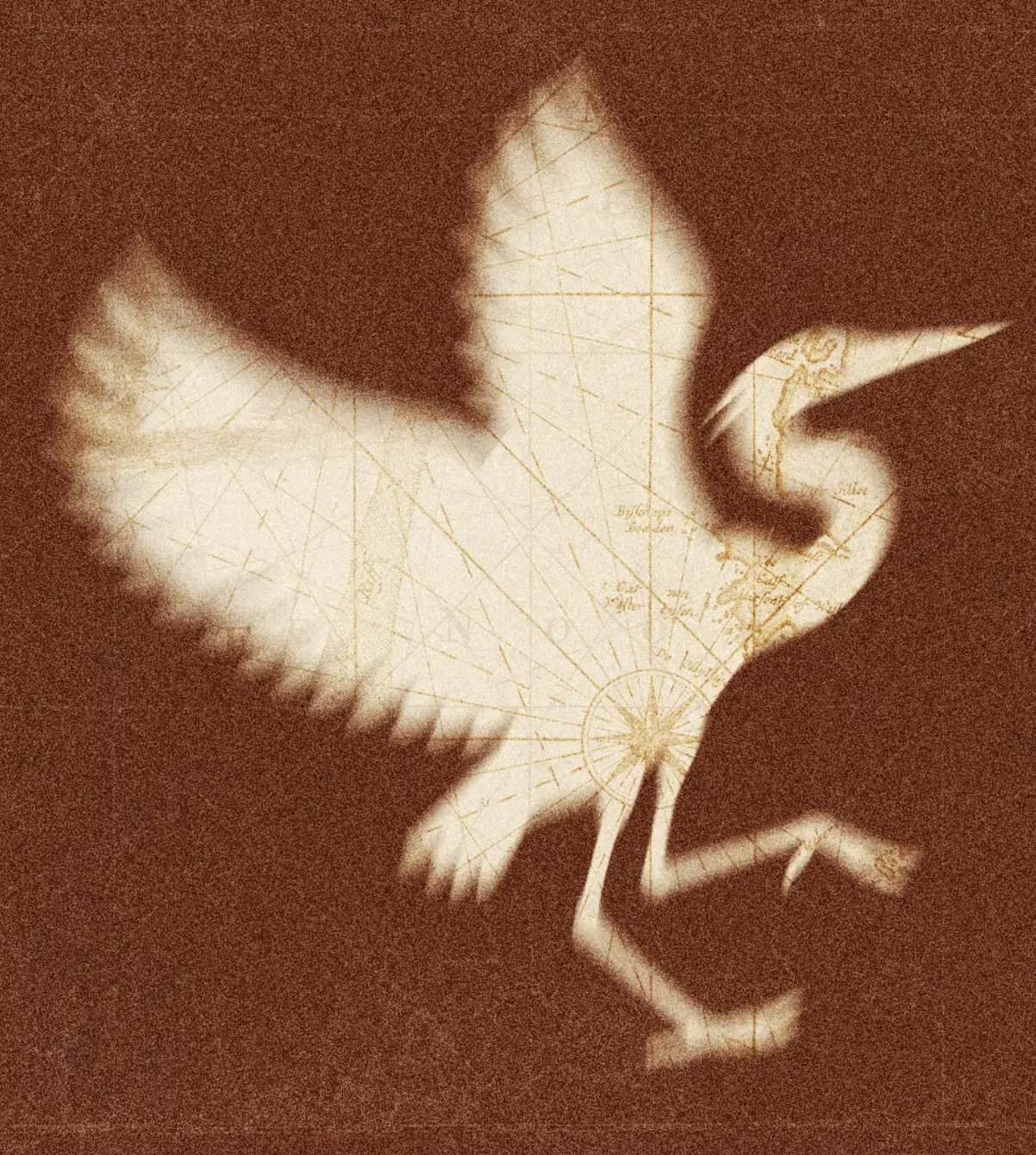 The silhouette of a heron overlaid with an antique map